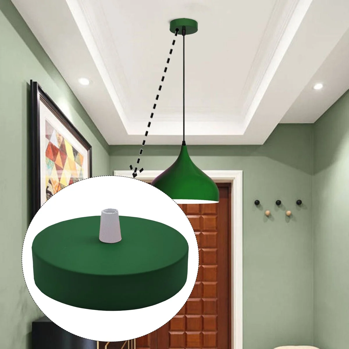 Set of five green vintage industrial ceiling roses with round metal design and cord grip, 100mm diameter each.