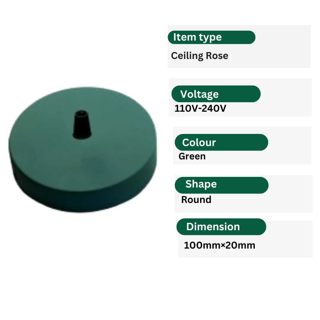 Set of five round green ceiling roses with cord grips and mounting brackets, 100mm diameter, vintage industrial style
