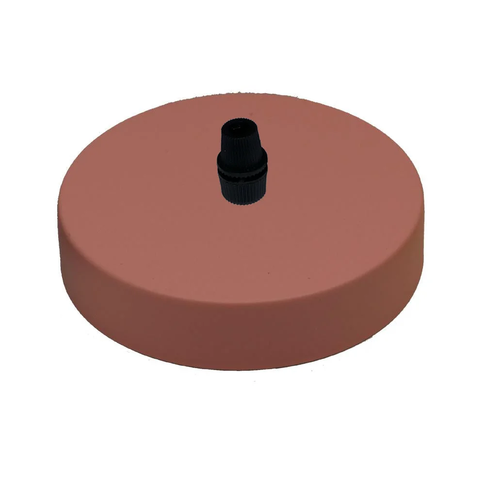 Five pink round ceiling roses with metal finish arranged on a white background, showing cord grip and mounting bracket details