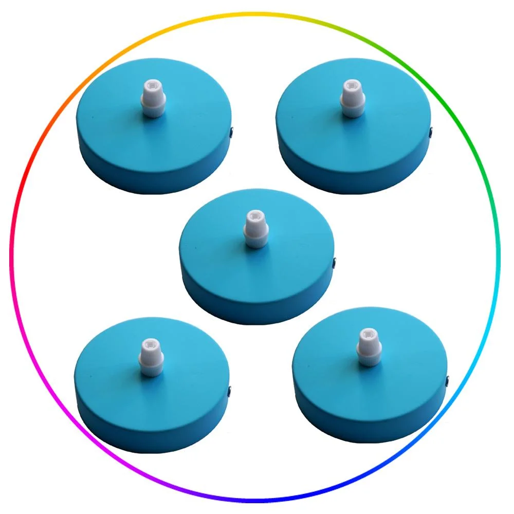 Set of five round vintage industrial pendant ceiling roses in grey, pink, yellow, blue, and green, 100mm diameter