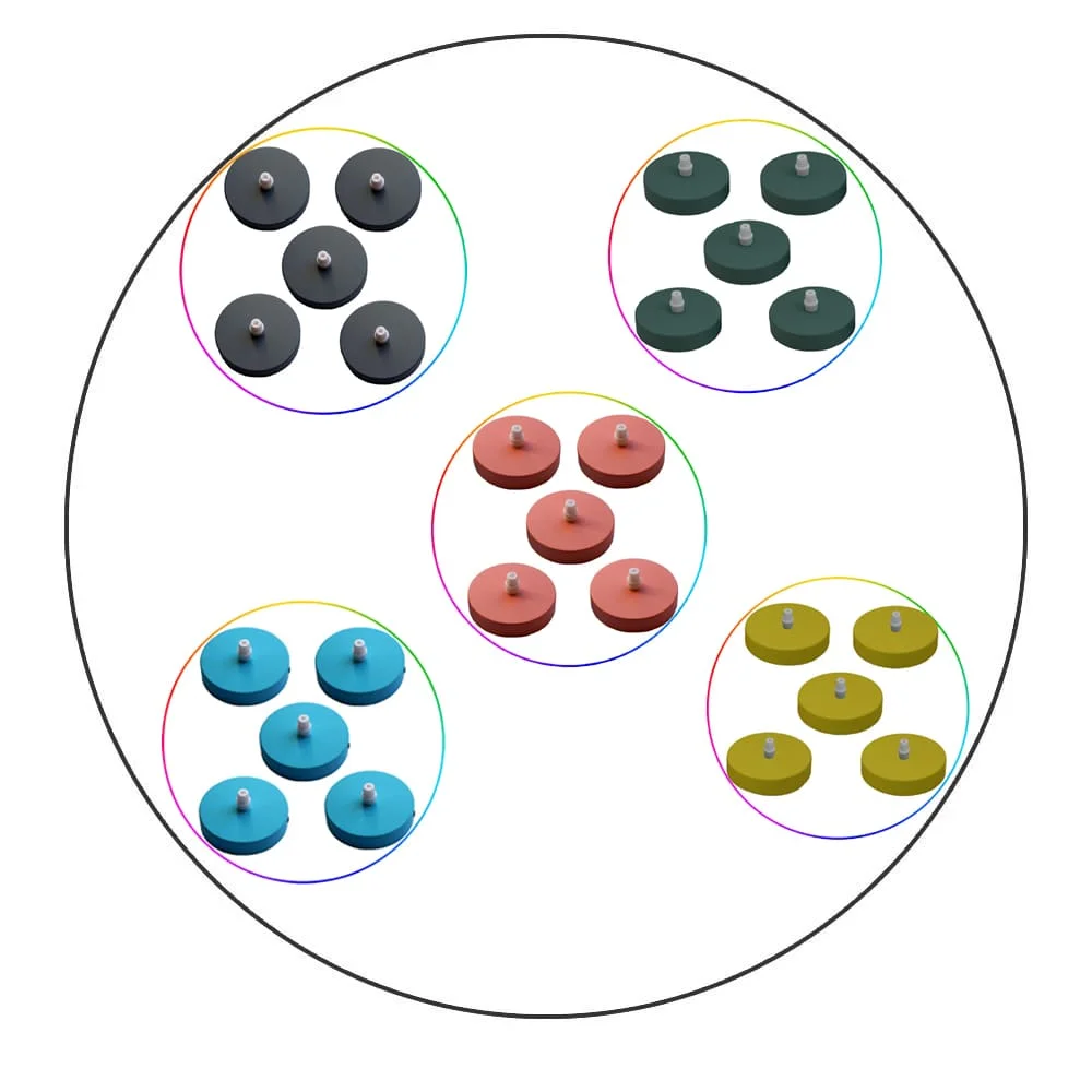 Set of five multi colour ceiling rose pendant light fittings in grey, pink, yellow, blue, and green, round shape