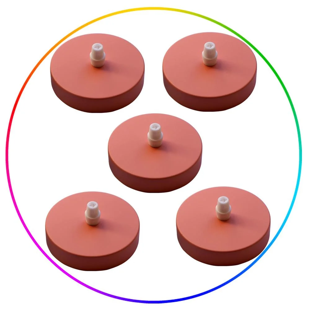 Five vintage industrial ceiling roses in grey, pink, yellow, blue, and green, round metal design, 100mm diameter