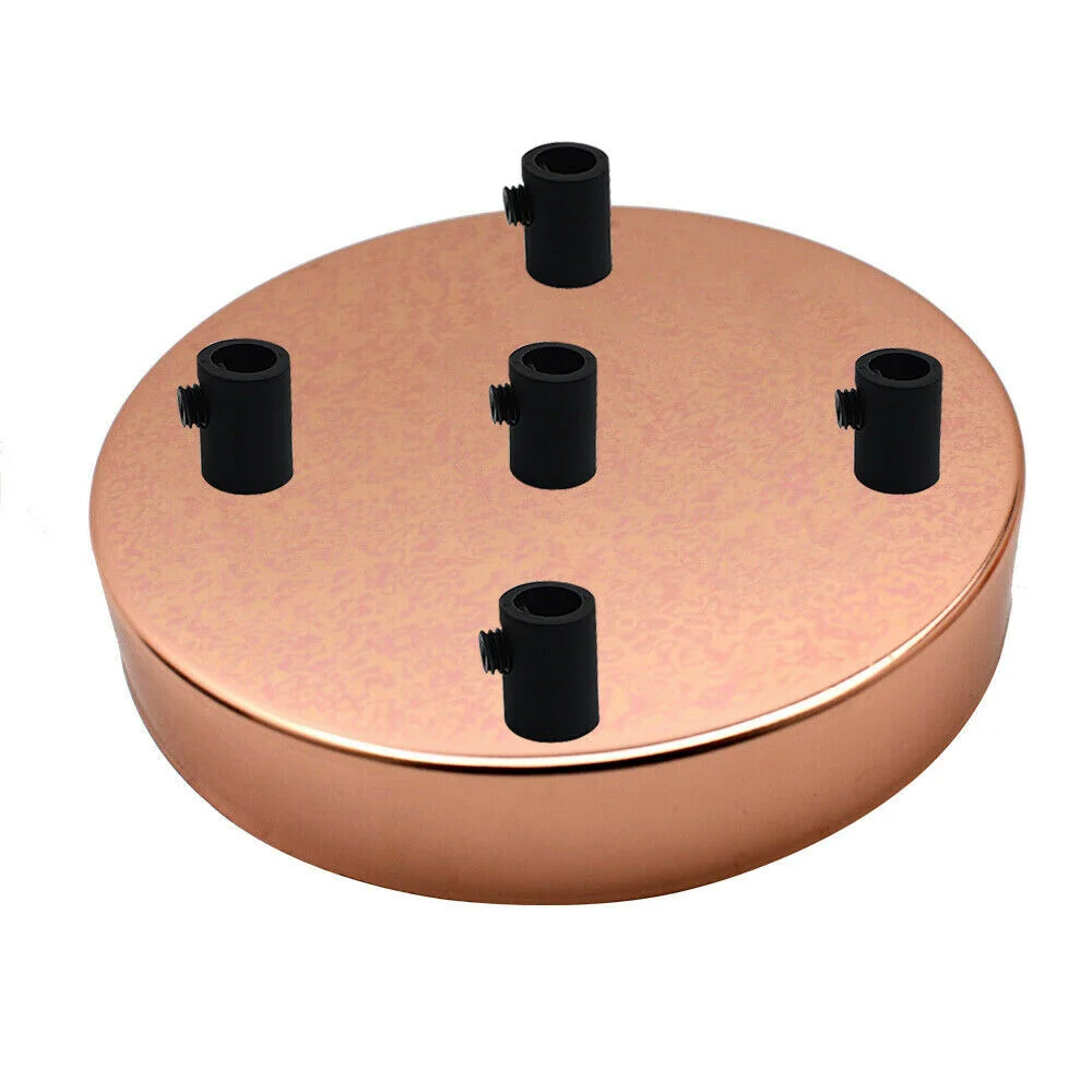 Round rose gold ceiling rose with five outlets and black cord grip, 120mm diameter, metallic finish, indoor use only