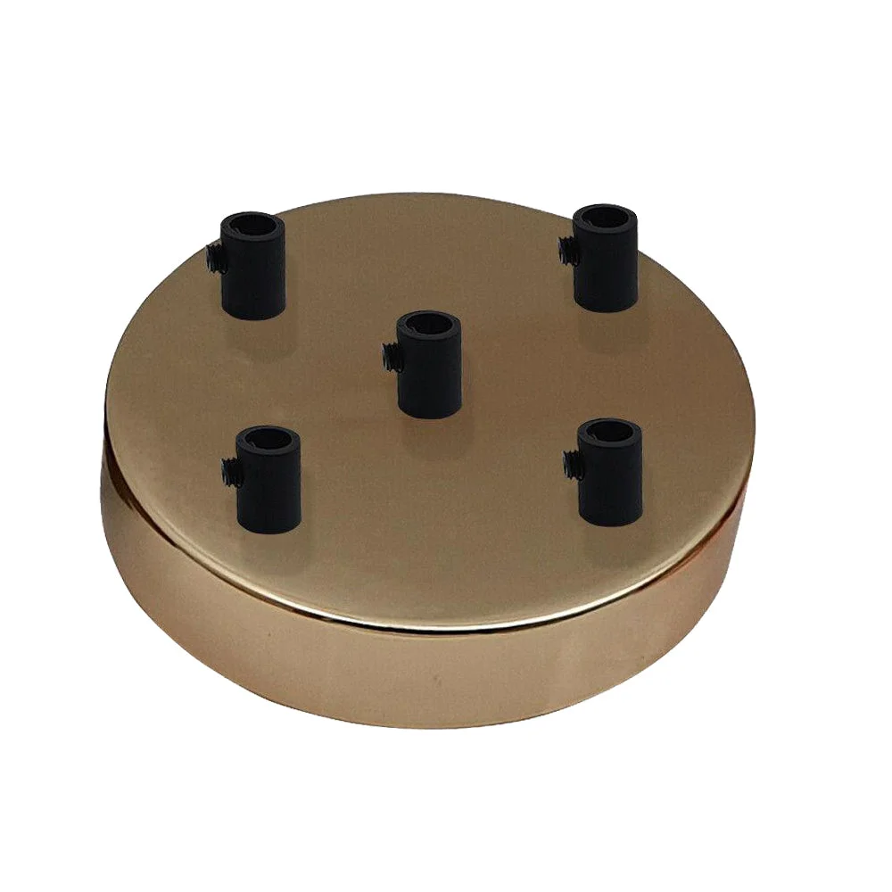 Round French gold ceiling rose with five outlets, black cord grip, and metallic iron plating, 120mm diameter, 25mm deep