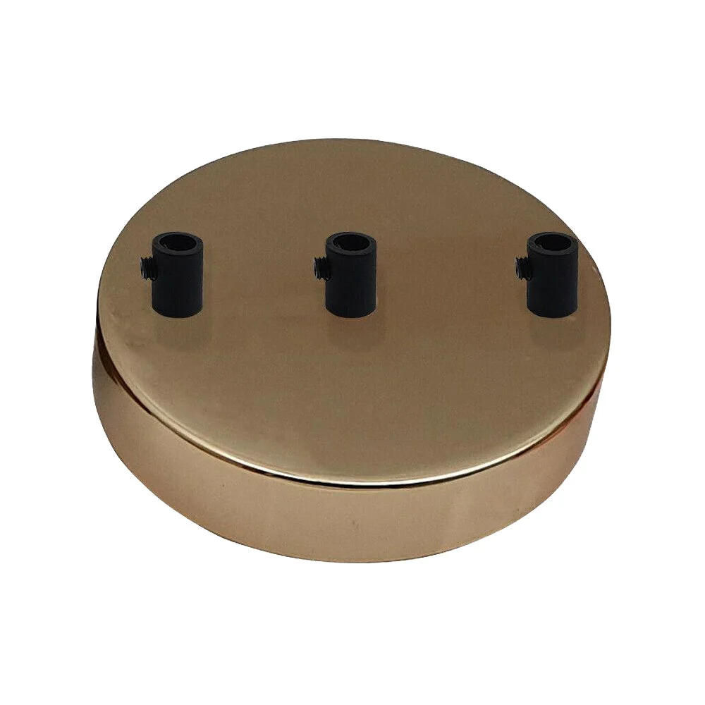 Round French gold 3 outlet ceiling rose with black cord grip and metal bracket, 120mm diameter, 25mm deep