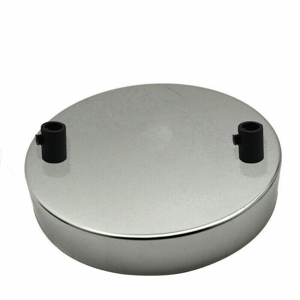 Round chrome ceiling rose with two outlets, metal finish, 120mm diameter, 25mm deep, includes cord grips and screws