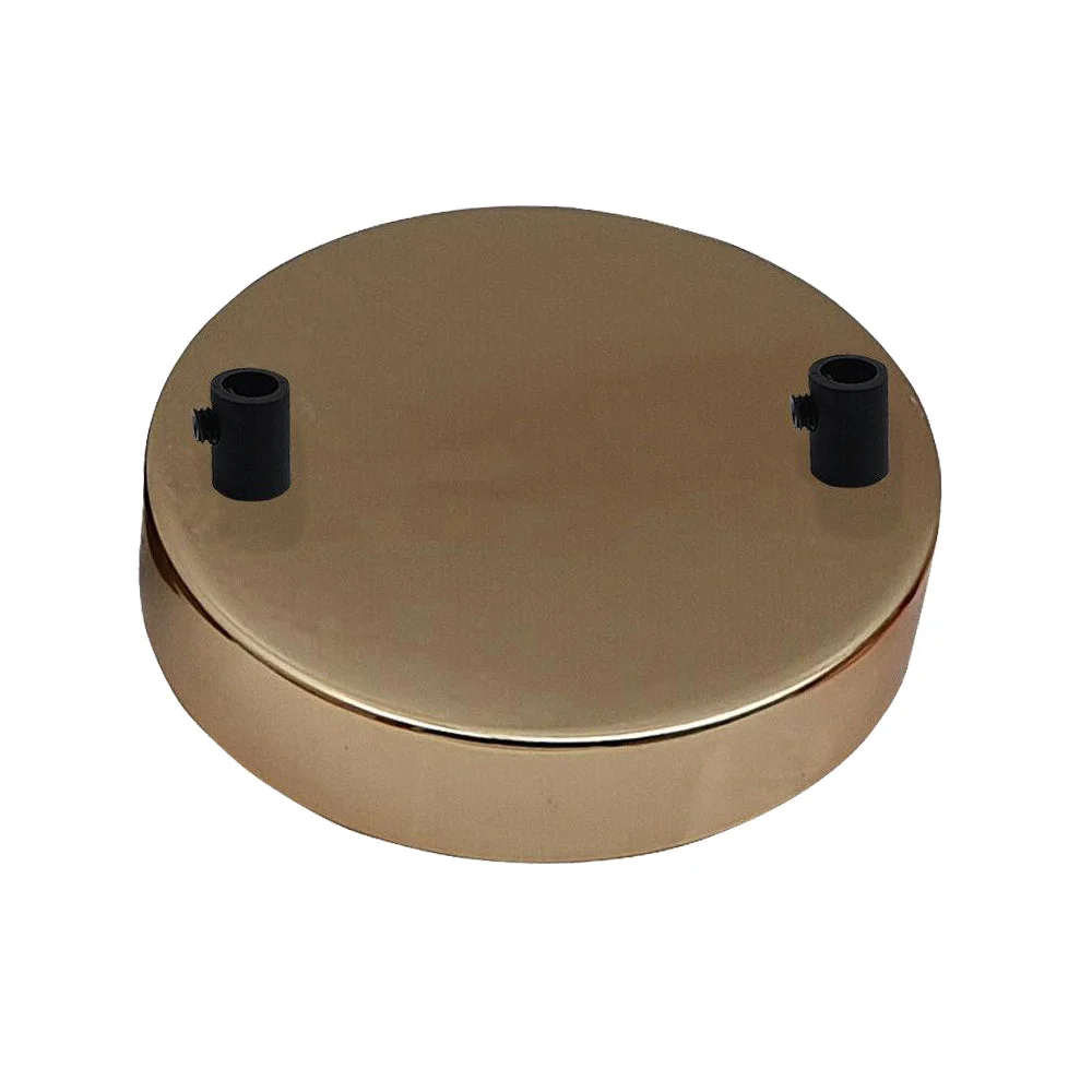 Round French gold ceiling rose with two outlets, black cord grip, and metal ceiling bracket, 120mm diameter, 25mm deep