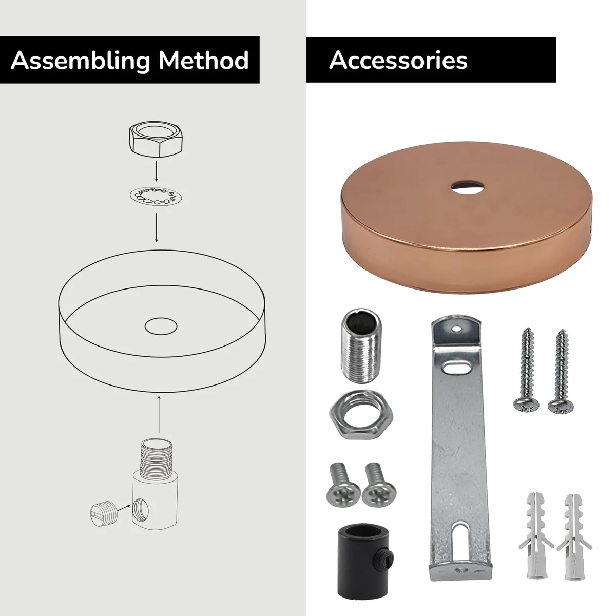 Rose gold metal dual outlet ceiling rose showing two side fittings and mounting hardware on white background