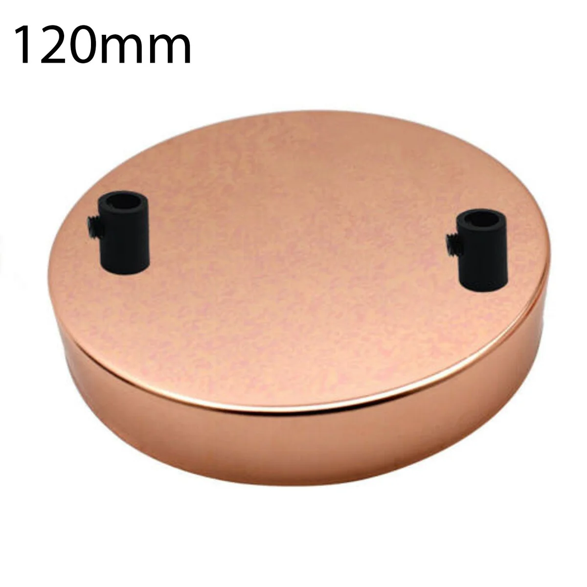 Rose gold metal 120mm dual outlet ceiling rose pendant light fitting with mounting hardware and cord grips visible