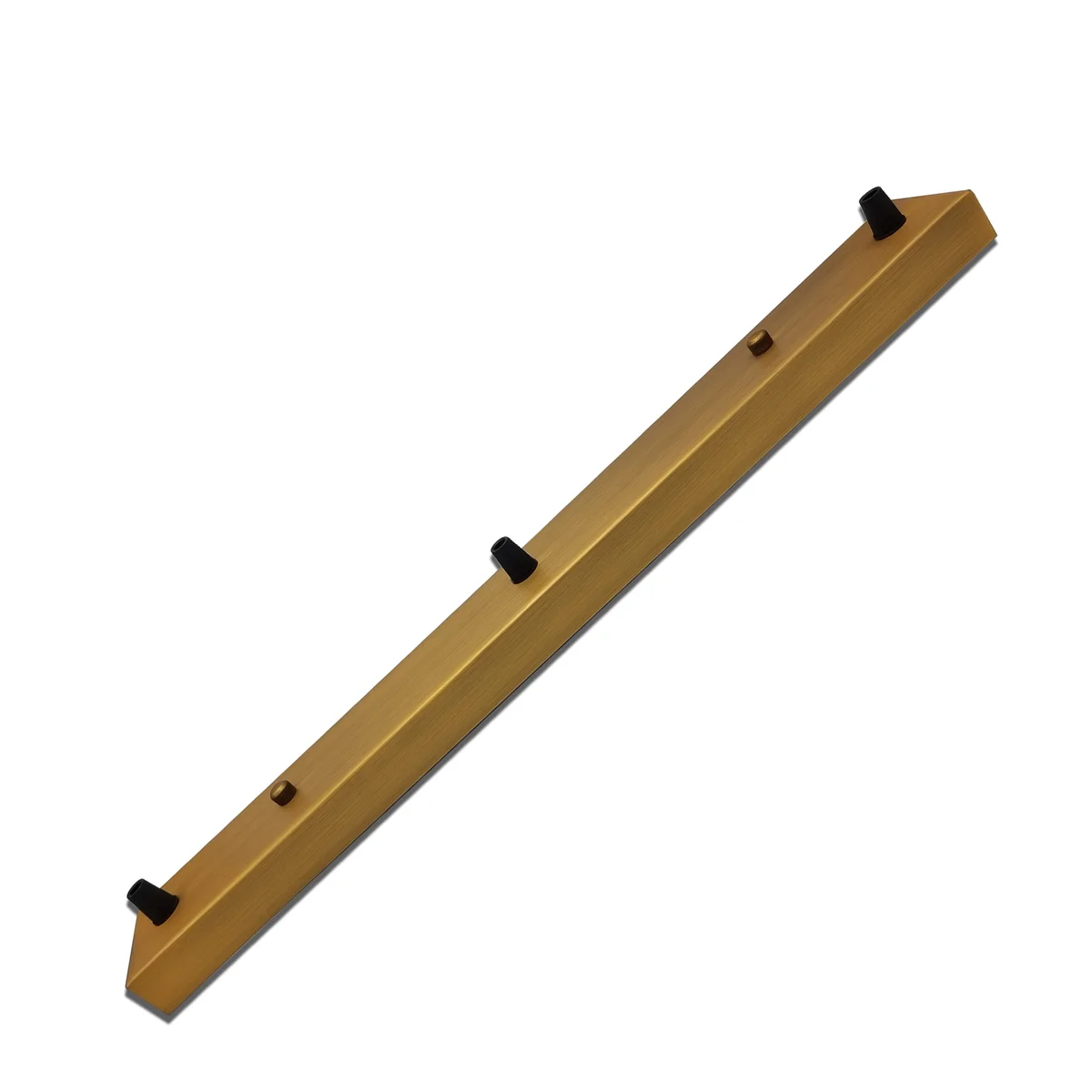 Rectangular yellow brass metal ceiling rose with three outlets and matching fitting accessories on white background