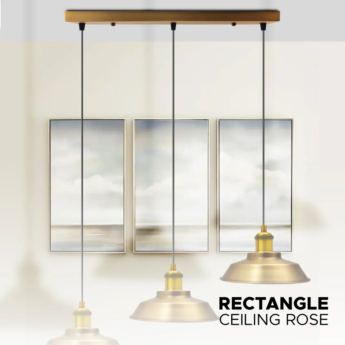 Rectangular yellow brass indoor ceiling plate with three outlets and included fixing accessories on white background