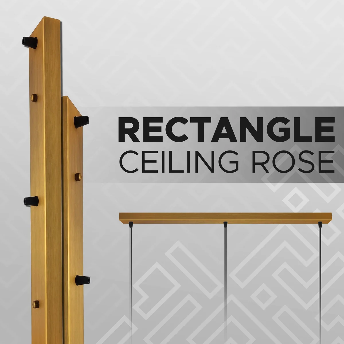 Rectangular yellow brass 3 outlet pendant rose with metal finish and included fixing accessories for ceiling installation