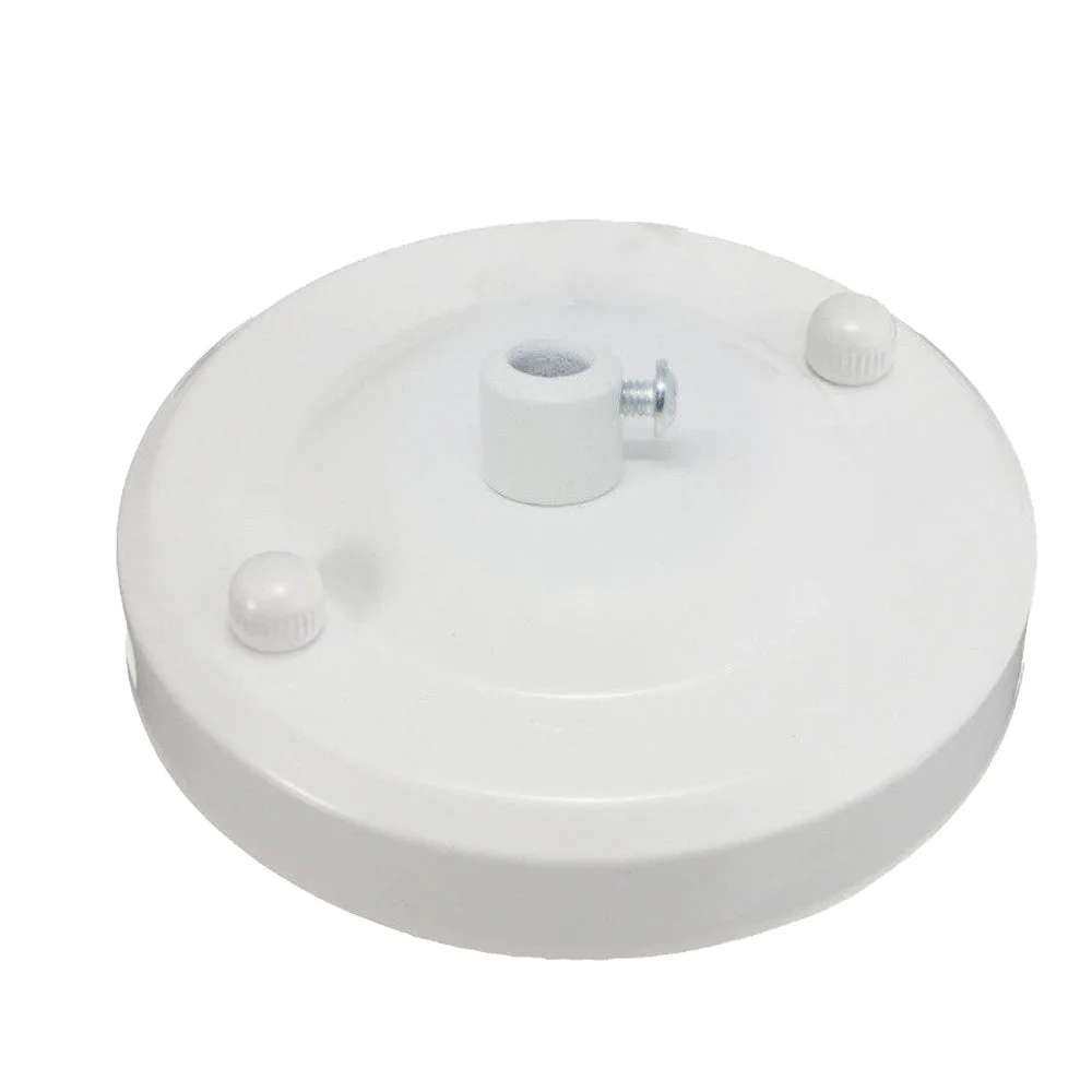 White ceiling rose light fitting, round metal design, 108mm diameter, includes cord grip and ceiling bracket with screws
