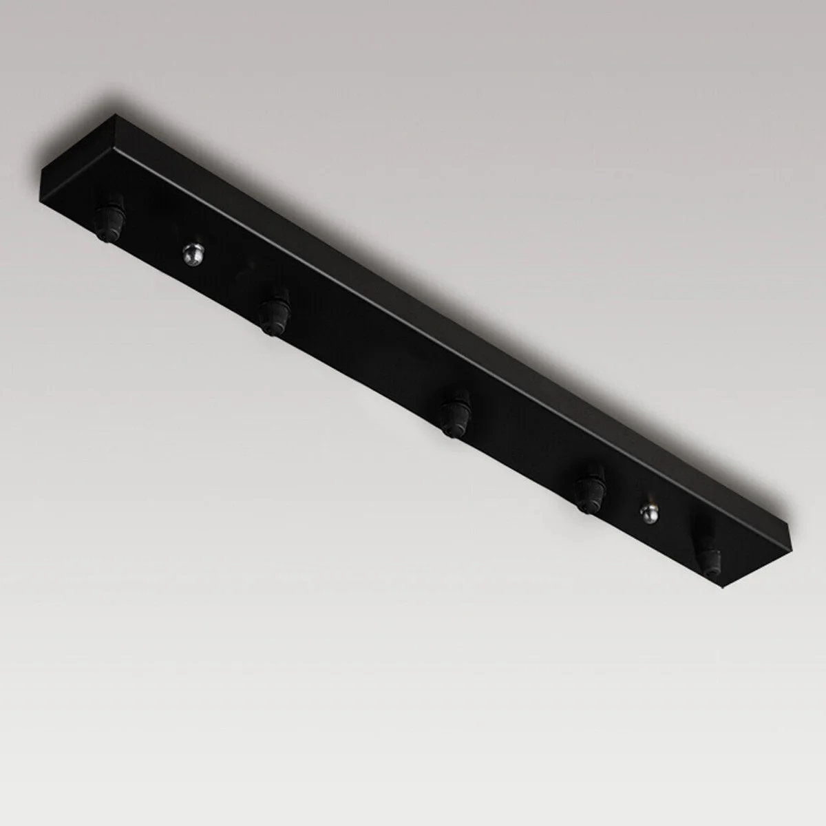 Rectangular modern ceiling rose in plated metal with included fixing bracket, screws, cord grip nuts, and earth wire accessories