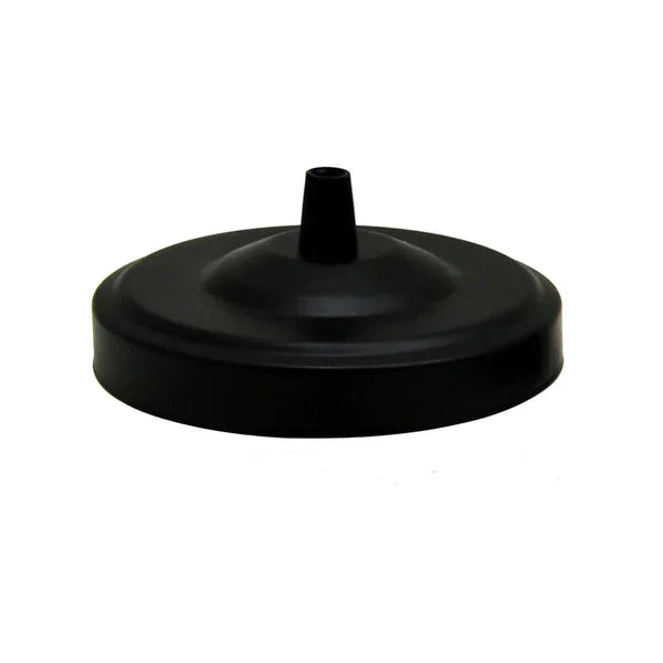 Industrial pendant light ceiling rose in metallic iron with black cord grip and riveted construction, 108mm diameter