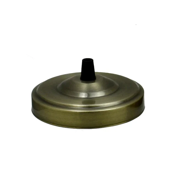 Industrial ceiling rose light fitting in metallic iron with plated finish, 108mm diameter, shown with installation hardware kit