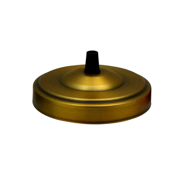 Industrial ceiling rose with metallic iron finish, 108mm diameter, riveted construction, and black cord grip for fabric cables