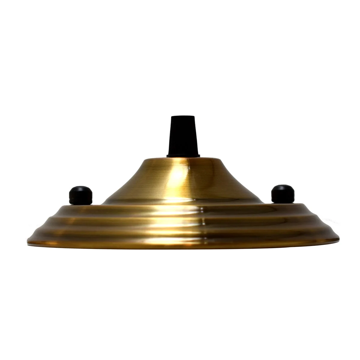 Yellow brass ceiling rose pendant light fitting, round 140mm diameter, sleek metal design with cord grip and mounting accessories