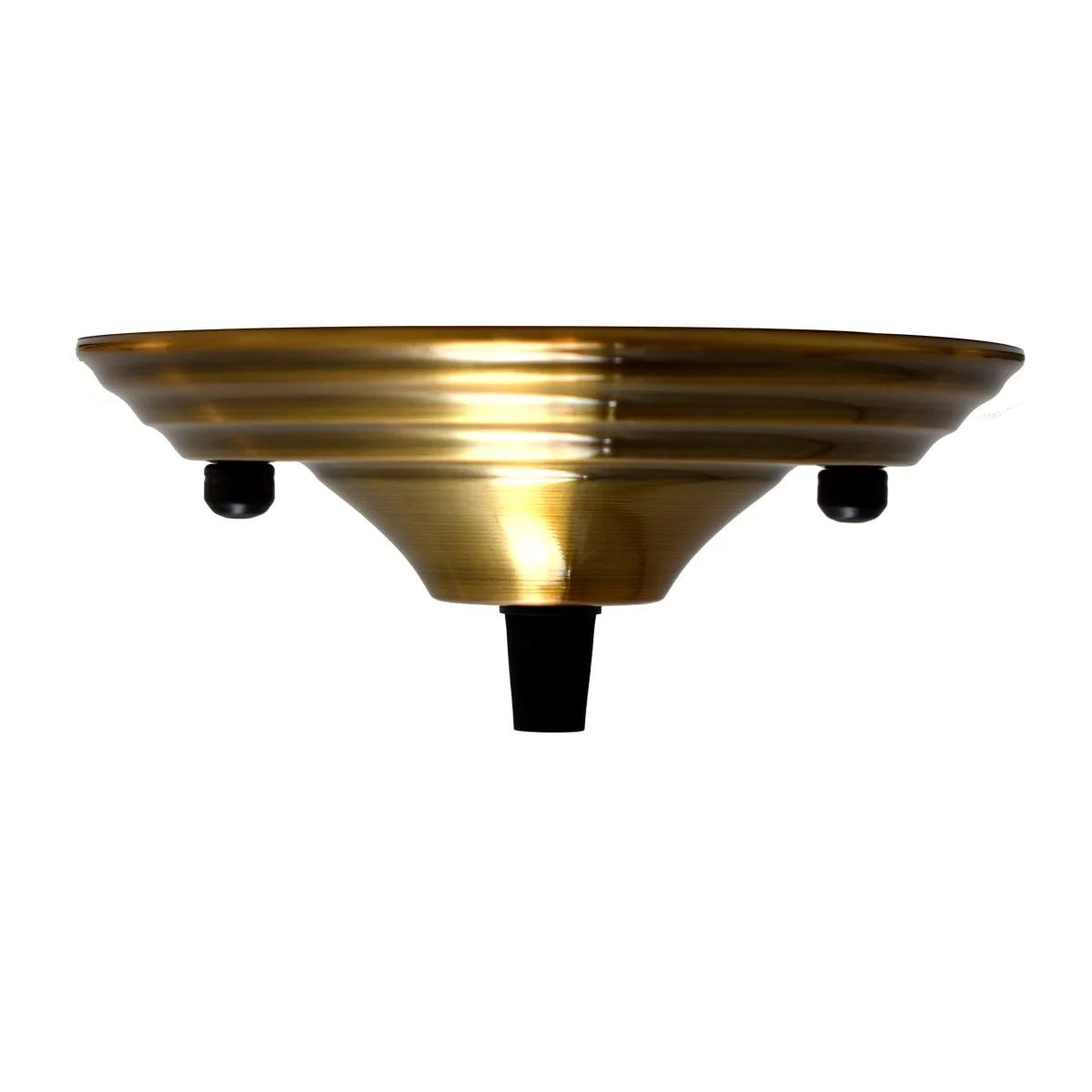 Yellow brass 140mm single outlet ceiling rose pendant light fitting with cord grip and front mounting accessories on white background