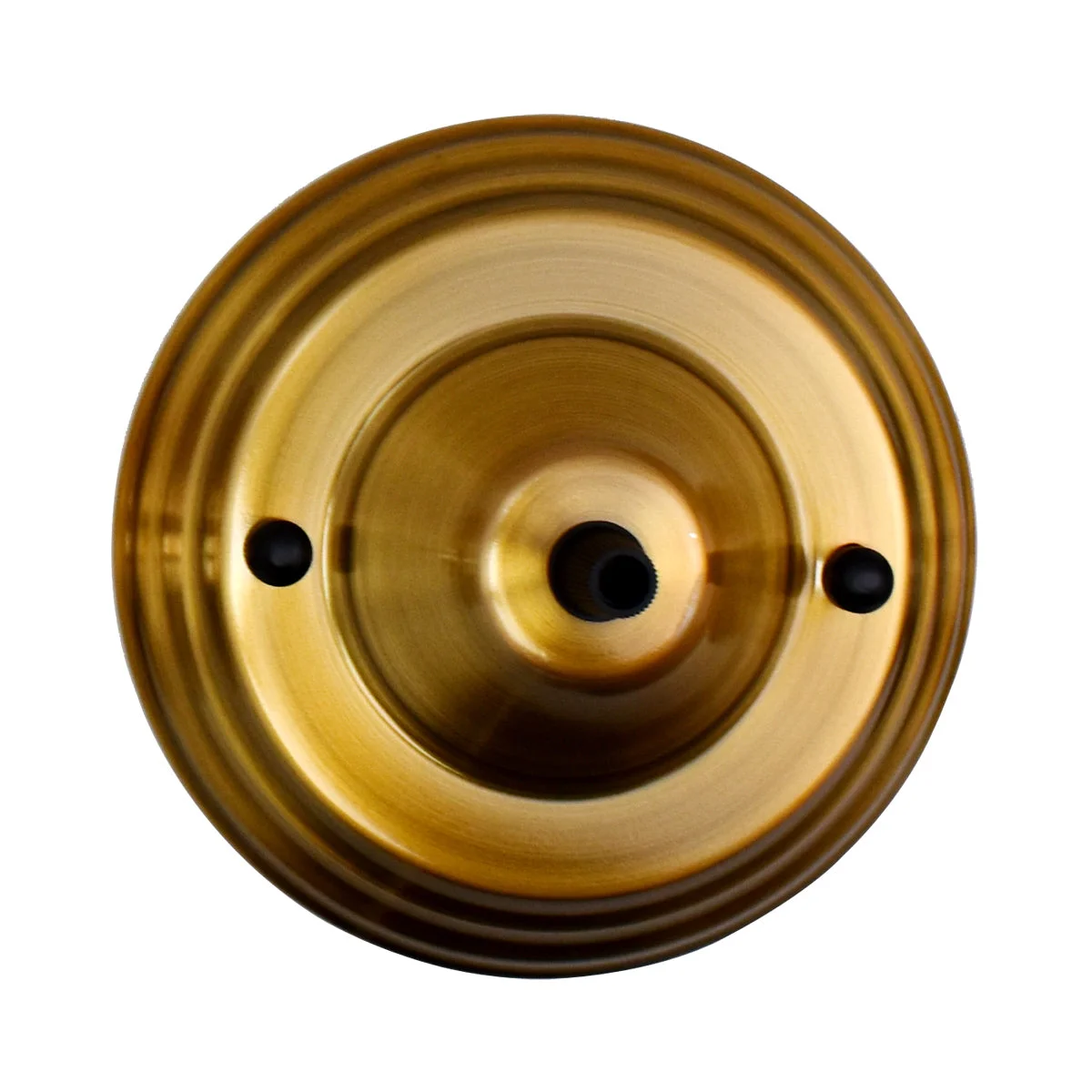 Yellow brass metal ceiling rose with single outlet, 140mm diameter, front fitting and cord grip for pendant lights installation