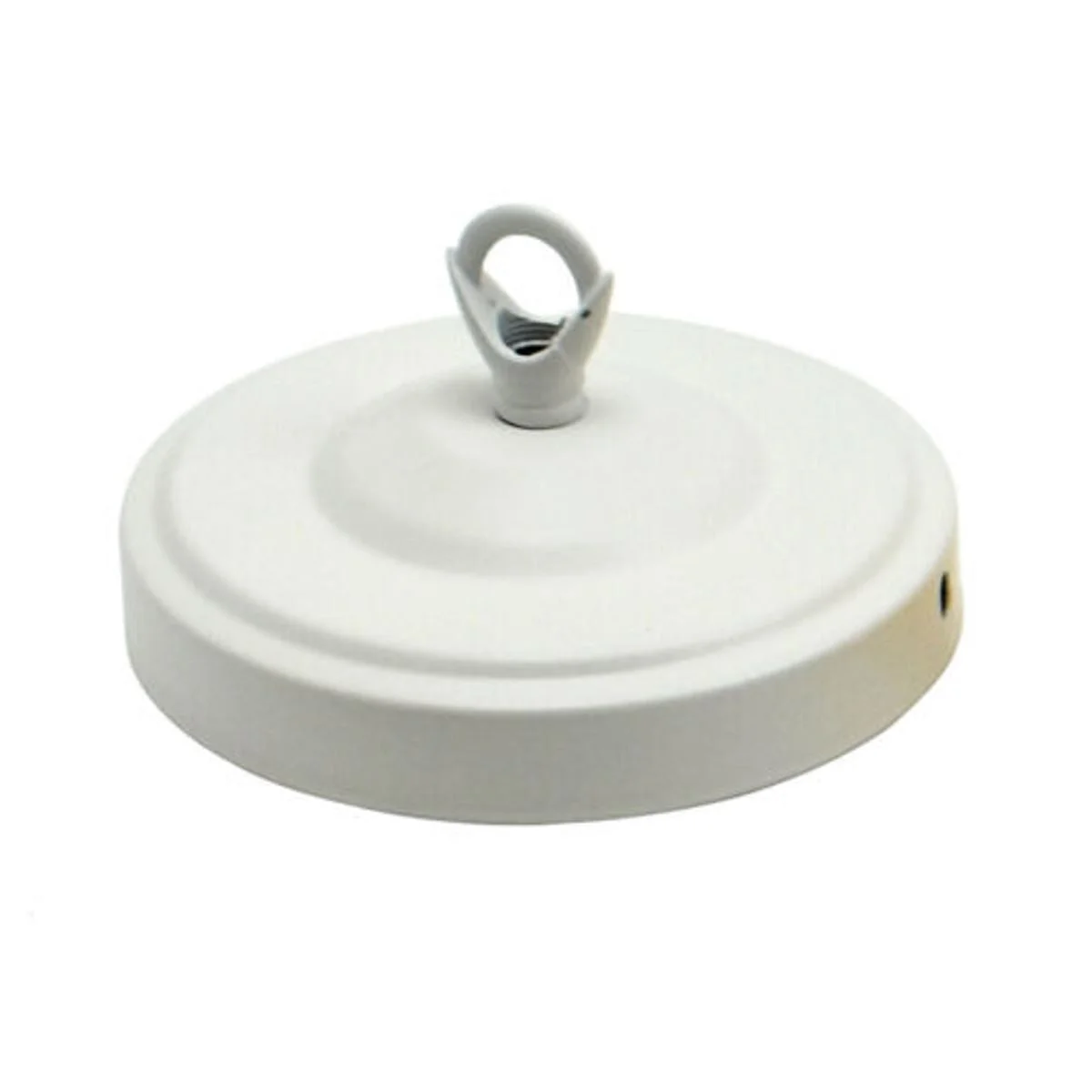 White 108mm diameter ceiling rose hook plate with smooth metal surface and matching screws for light fittings and chandeliers