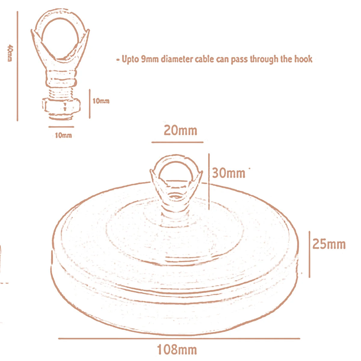 White ceiling rose with 108mm diameter metal hook plate for light fitting, includes matching screws on white background