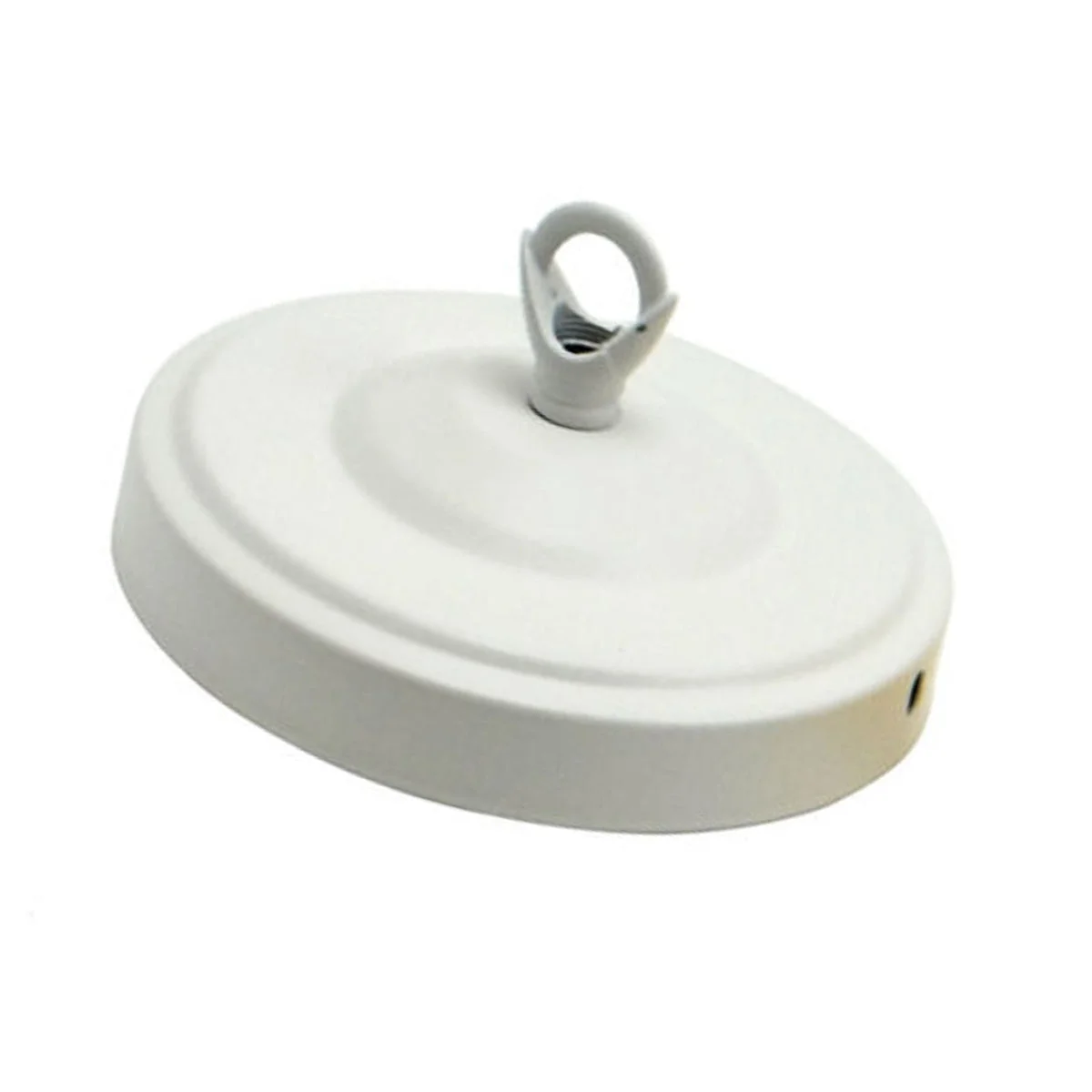 White metal light fitting ceiling rose with hook plate and matching screws on a plain background, 108mm diameter