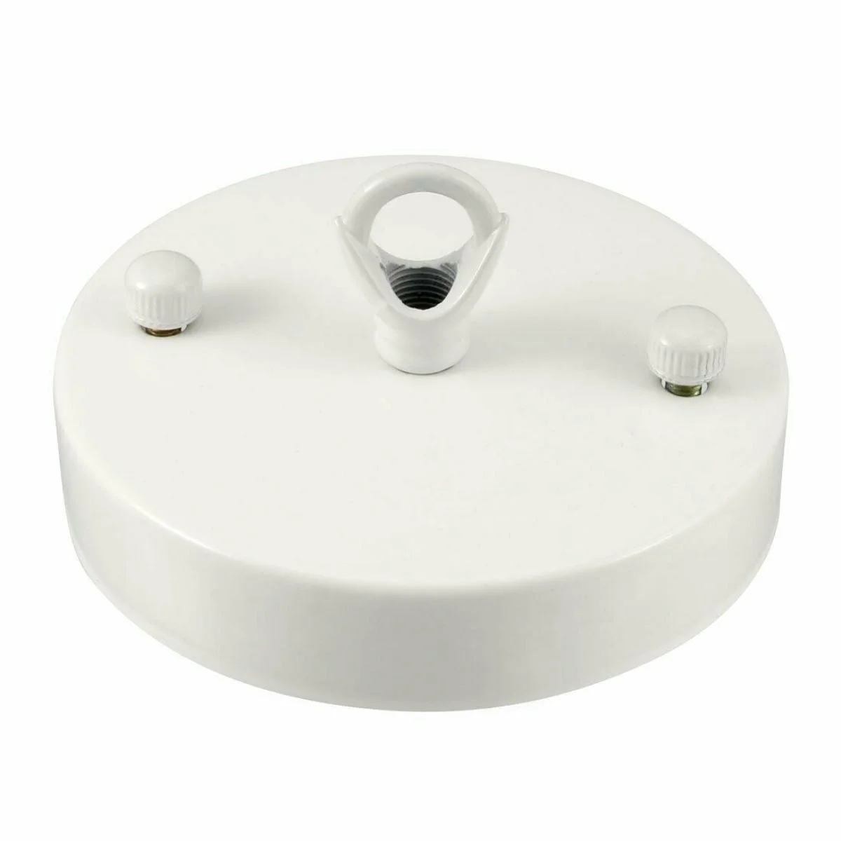 White single point ceiling hook with metal ring plate and cord grip, 100mm diameter, for hanging light fittings up to 5kg