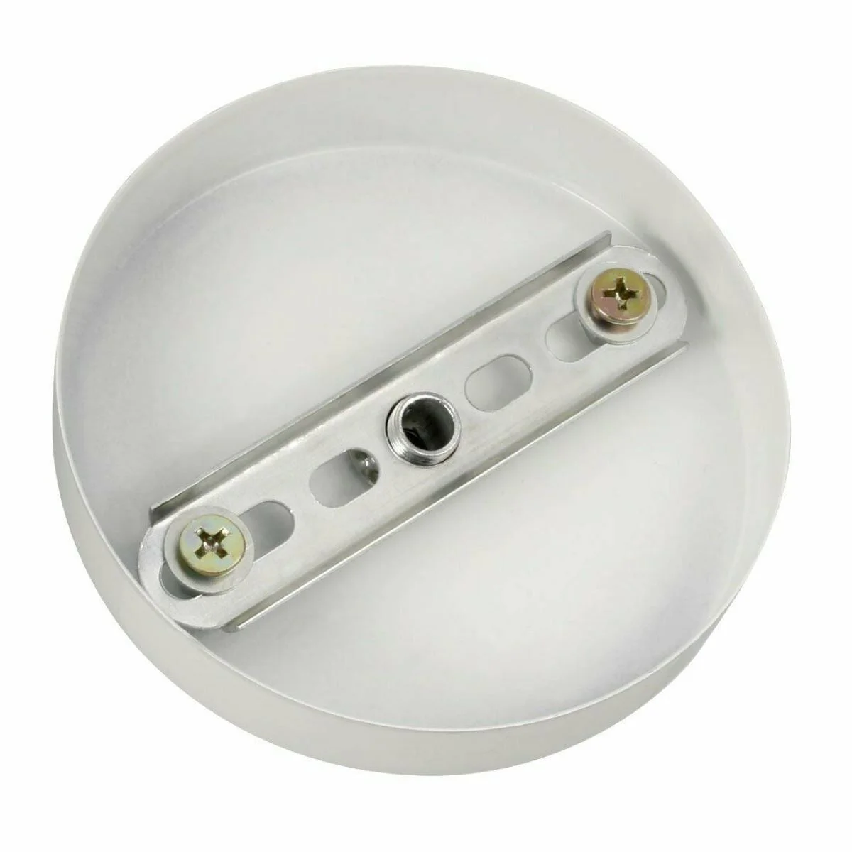 White ceiling rose hook plate with metal hook ring, 100mm diameter, suitable for hanging light fittings up to 5kg