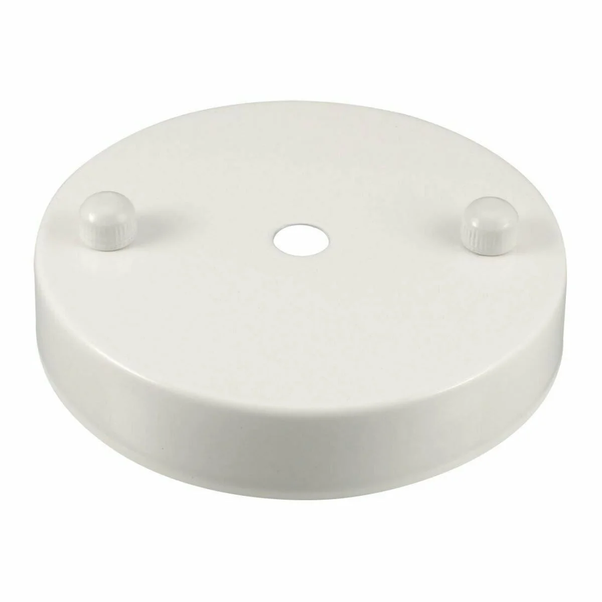 White cord grip ceiling rose with metal hook ring and fitting accessories on a plain white background