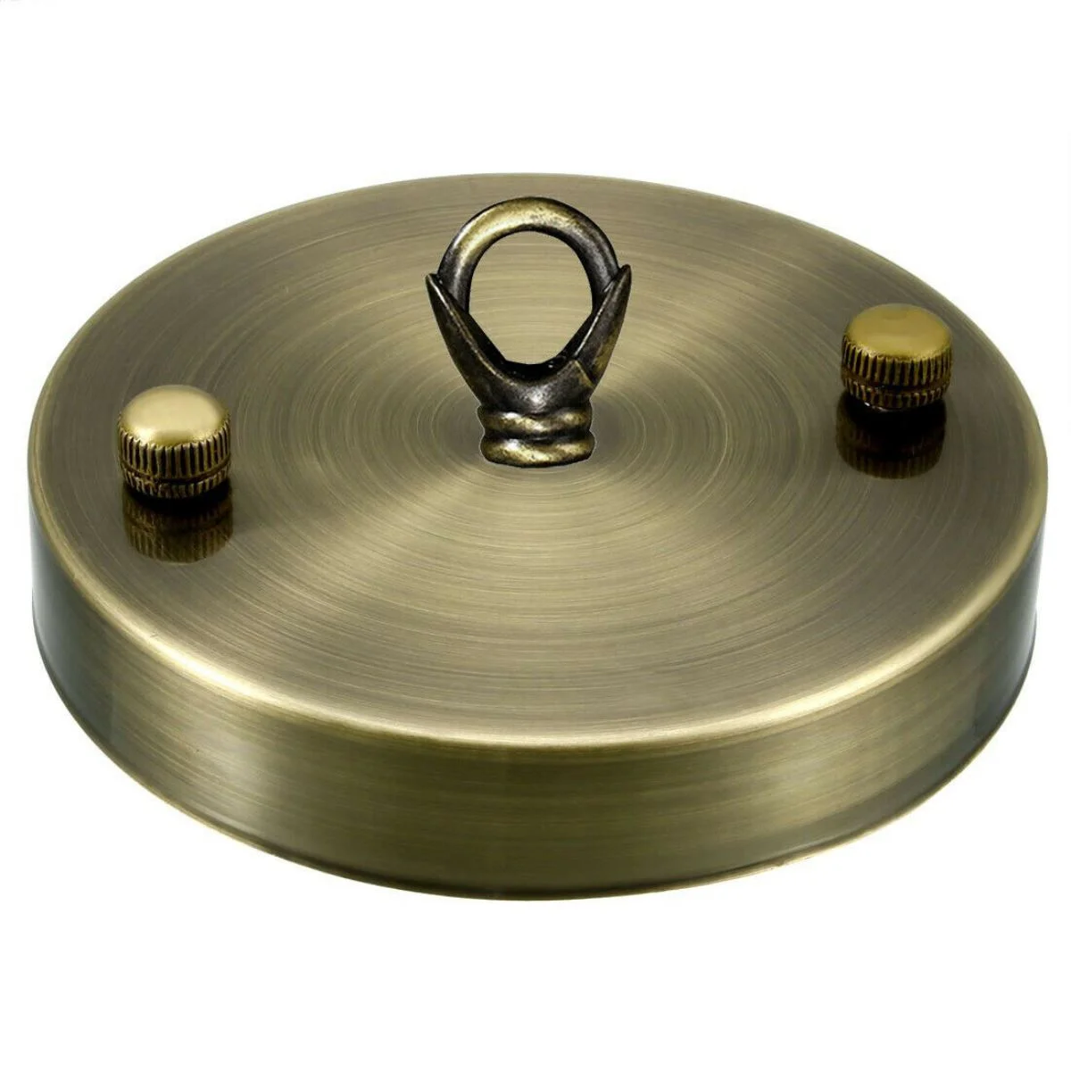 Green brass ceiling hook plate with central hole, hook ring, and metal plating for hanging fixtures up to 5kg weight