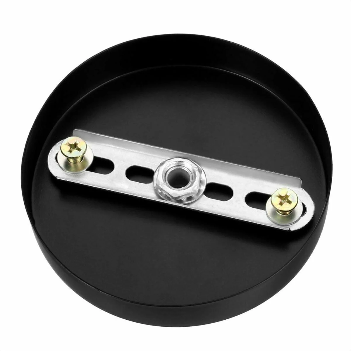 Black metal ceiling rose with hook ring plate, 100mm diameter, designed to hang chandeliers and light fittings safely