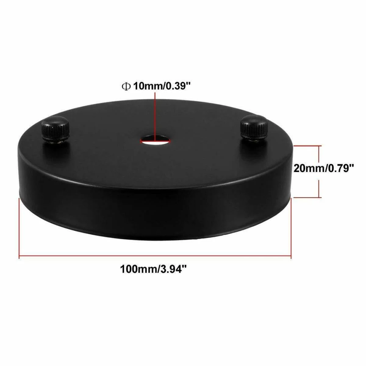 Black metal ceiling hook ring plate with light fitting hook, 100mm diameter, 20mm height, for hanging up to 5kg loads