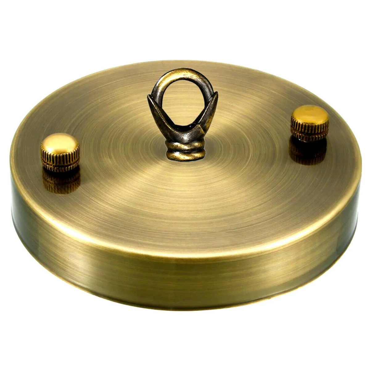 Yellow brass ceiling hook plate with ring, 100mm diameter, for hanging chandeliers and light fittings up to 5kg