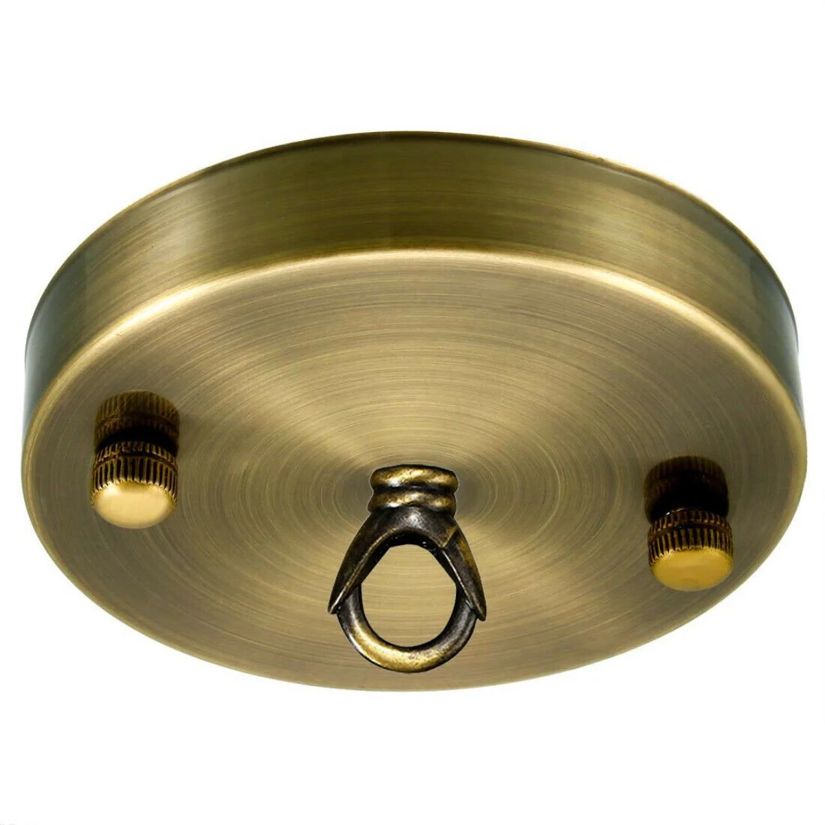 Yellow brass ceiling rose hook plate with matching hook ring and mounting accessories on white background