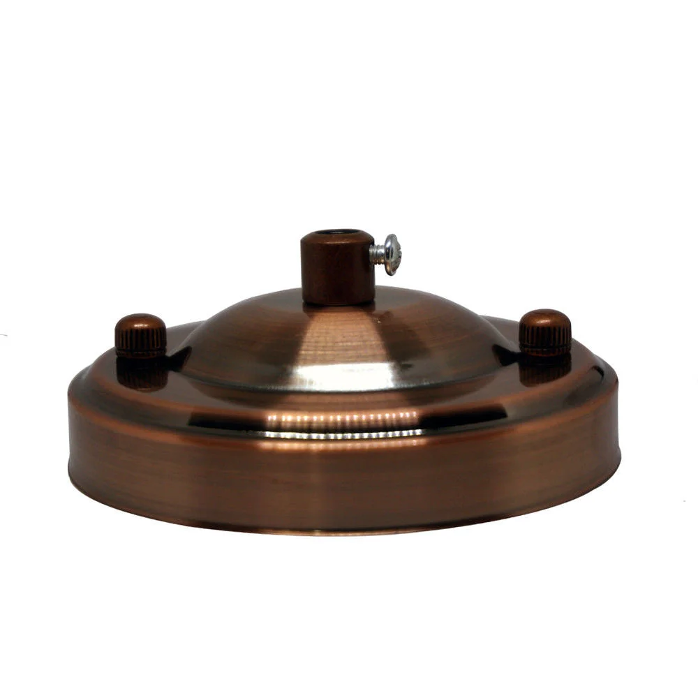 Round copper ceiling rose with single outlet, metal construction, 108mm diameter, suitable for pendant light fitting