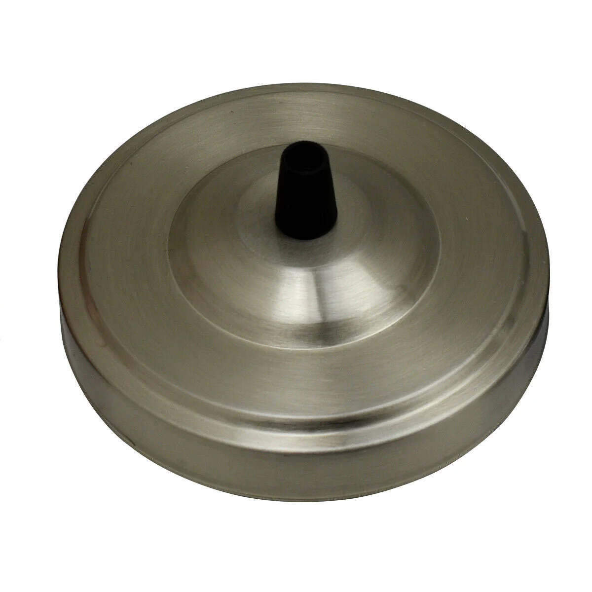 Satin nickel ceiling rose 108mm diameter with central hole and black cord grip for hanging light fittings or chandeliers