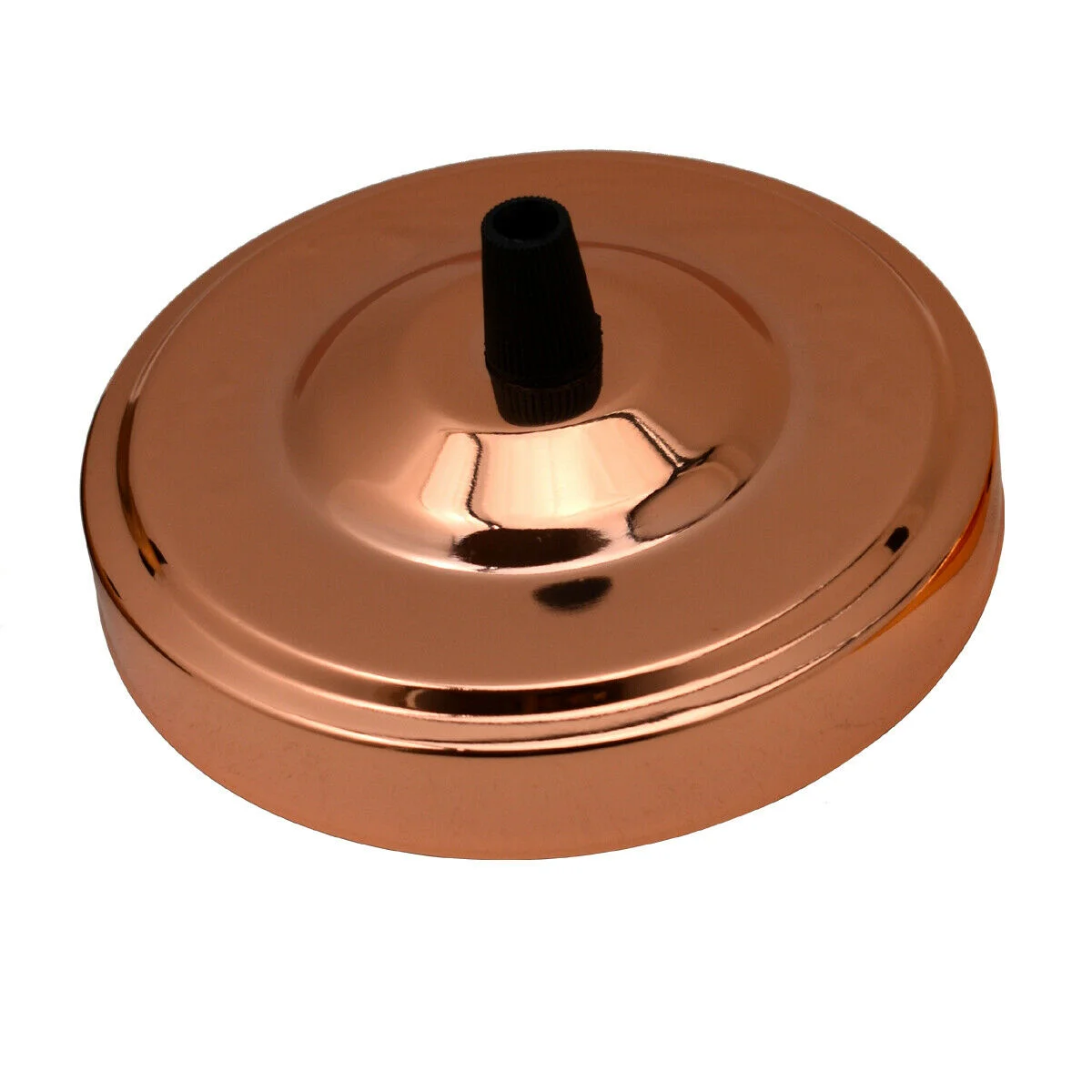Rose gold 108mm diameter ceiling rose light fitting with central hole and black cord grip for chandelier suspension