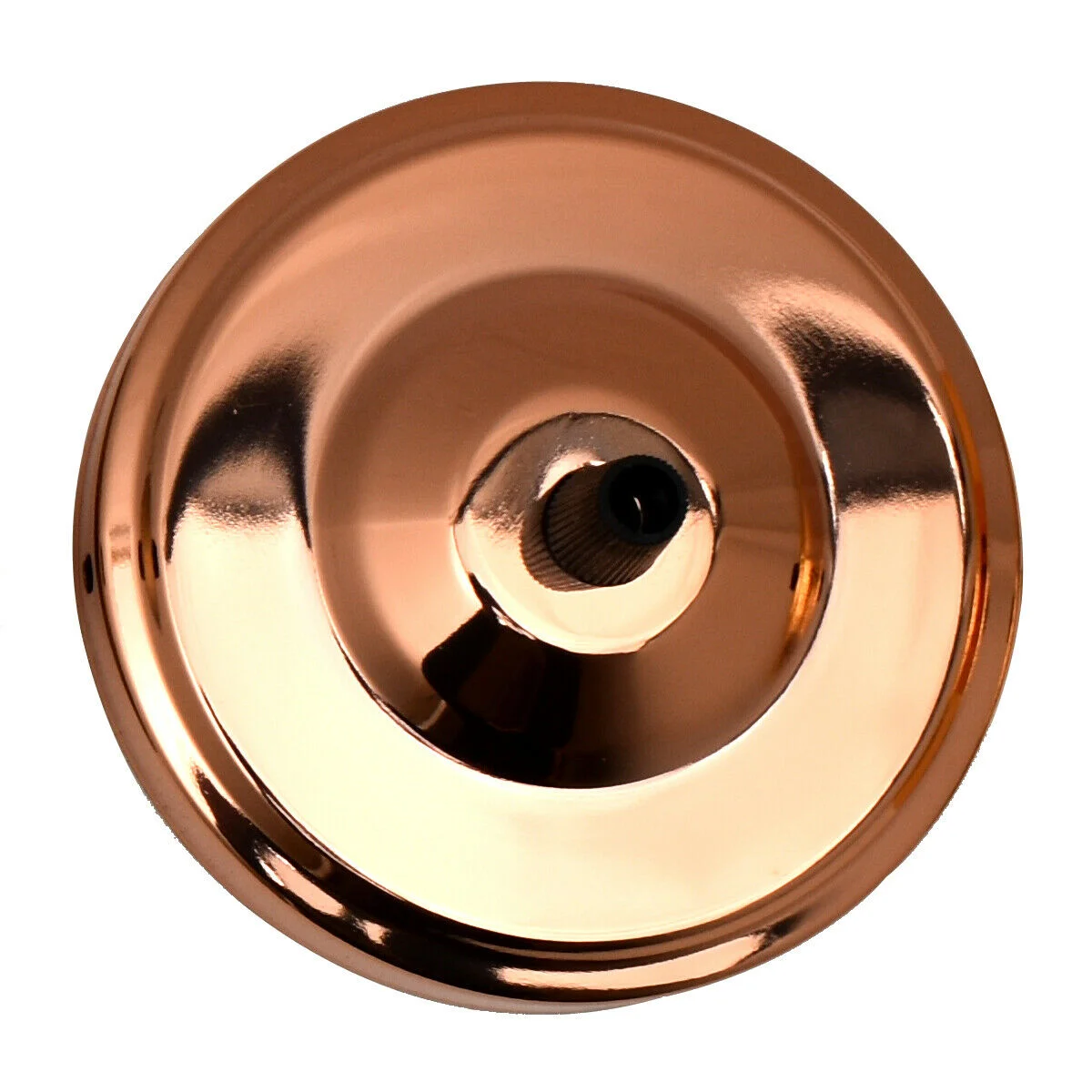 Rose gold 108mm ceiling rose with central hole and black cord grip for suspending light fittings up to 5kg