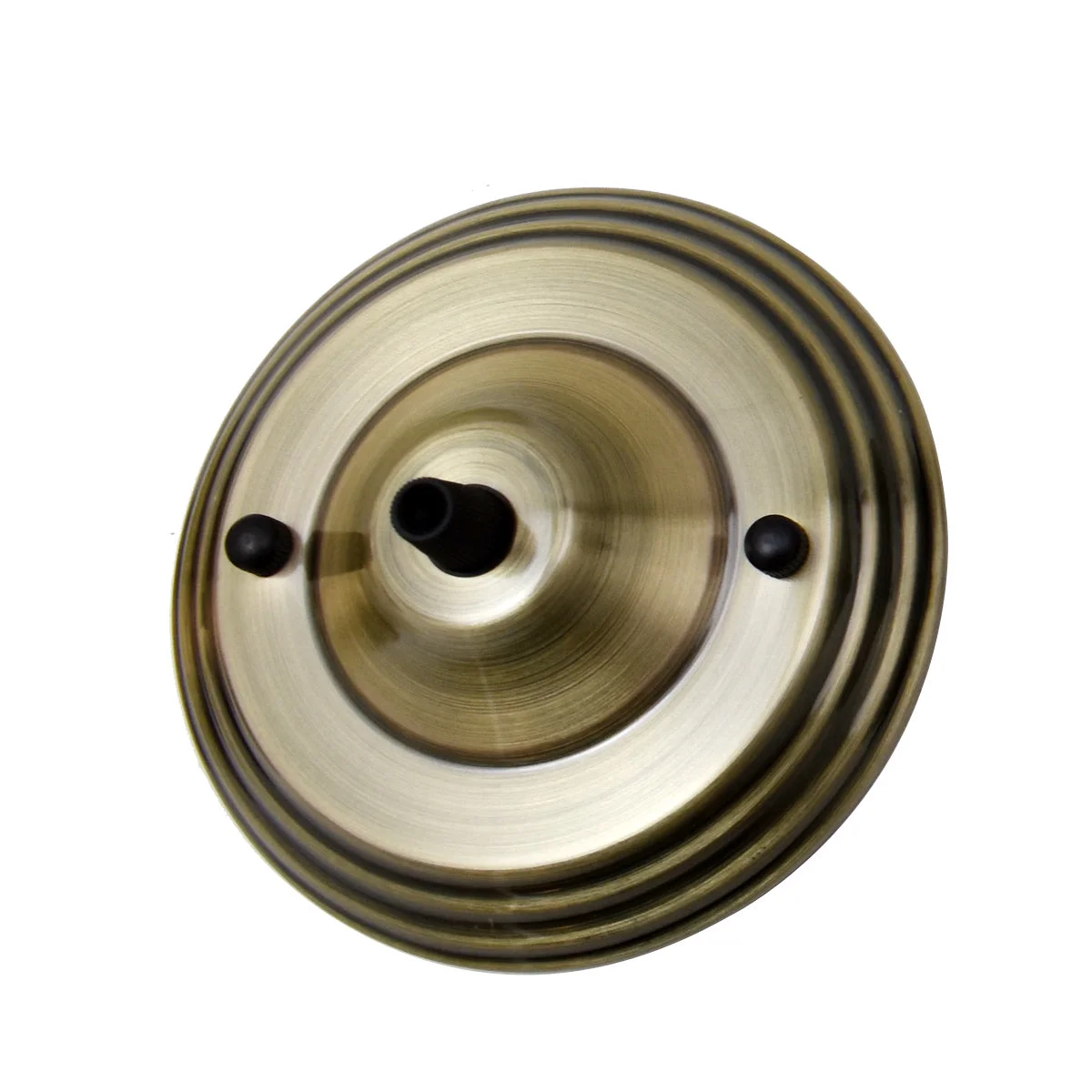 Green brass metal ceiling rose with single outlet, round 140mm diameter, front fitting, includes cord grip and mounting parts
