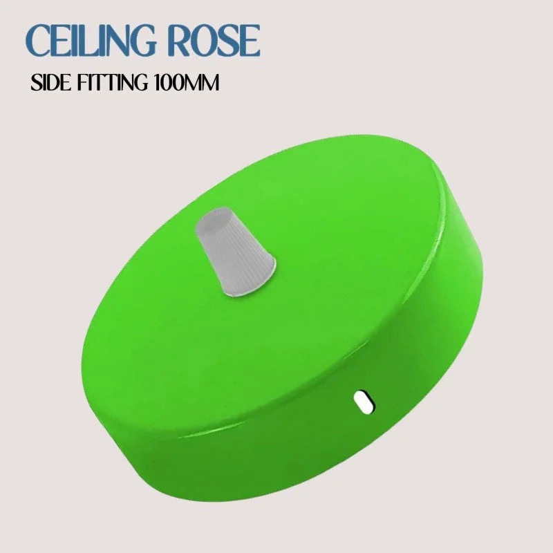 Metal ceiling rose in light green and navy blue, 100mm diameter, with single outlet and mounting accessories included