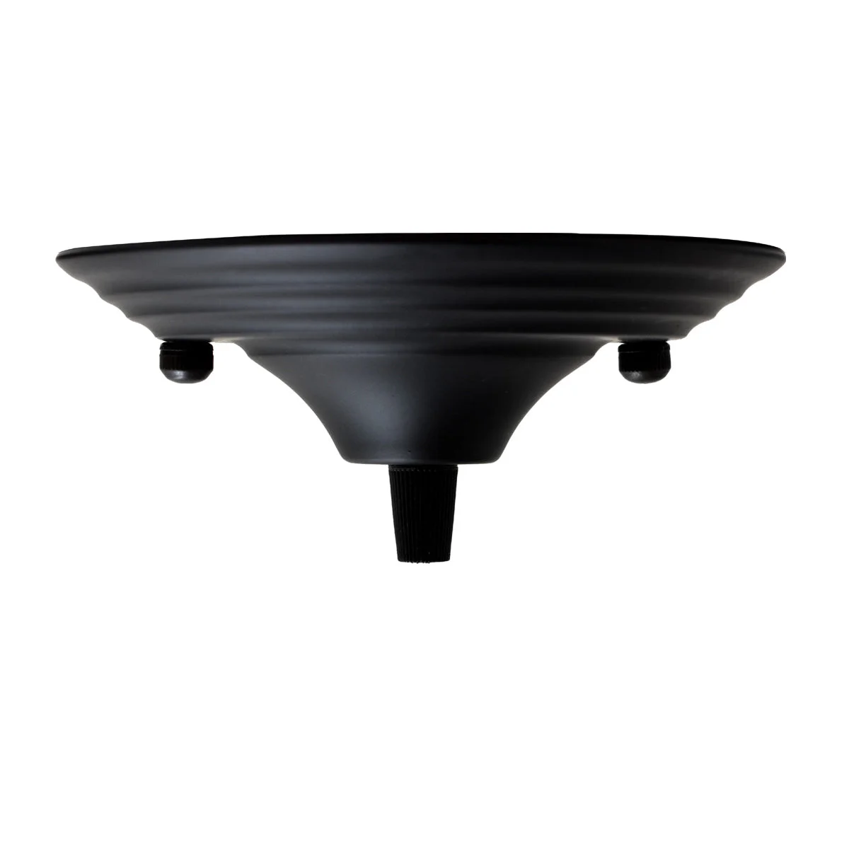 Black pendant cable grip ceiling rose with 140mm diameter flex plate and central 10mm hole for light fitting suspension