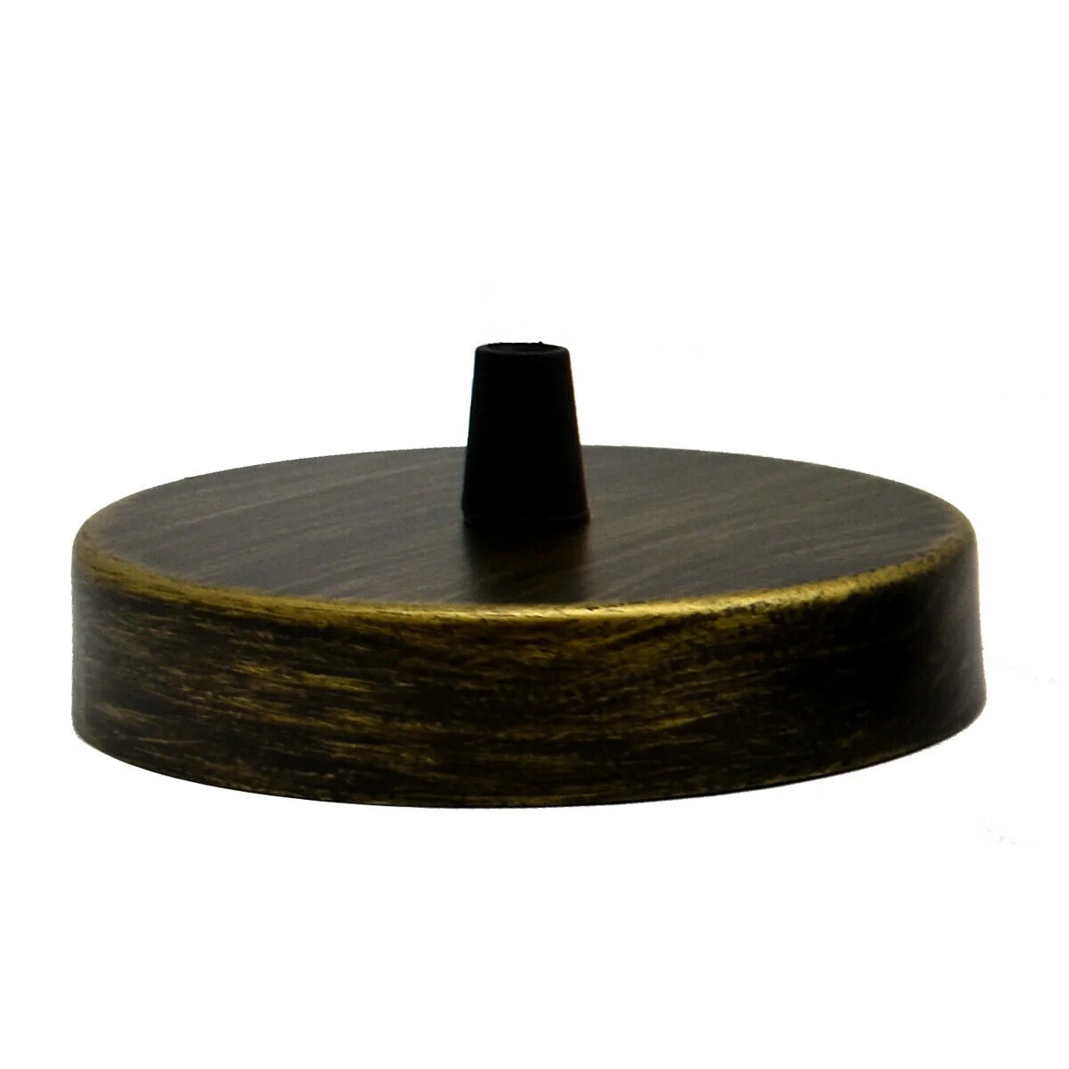 Round brushed brass ceiling rose with decorative detailing, designed for single light fitting or chandelier installation