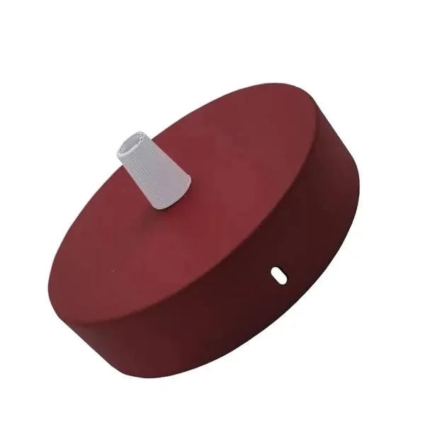 Burgundy 100mm metal ceiling rose with side fitting and cord grip, includes ceiling bracket and screws for installation