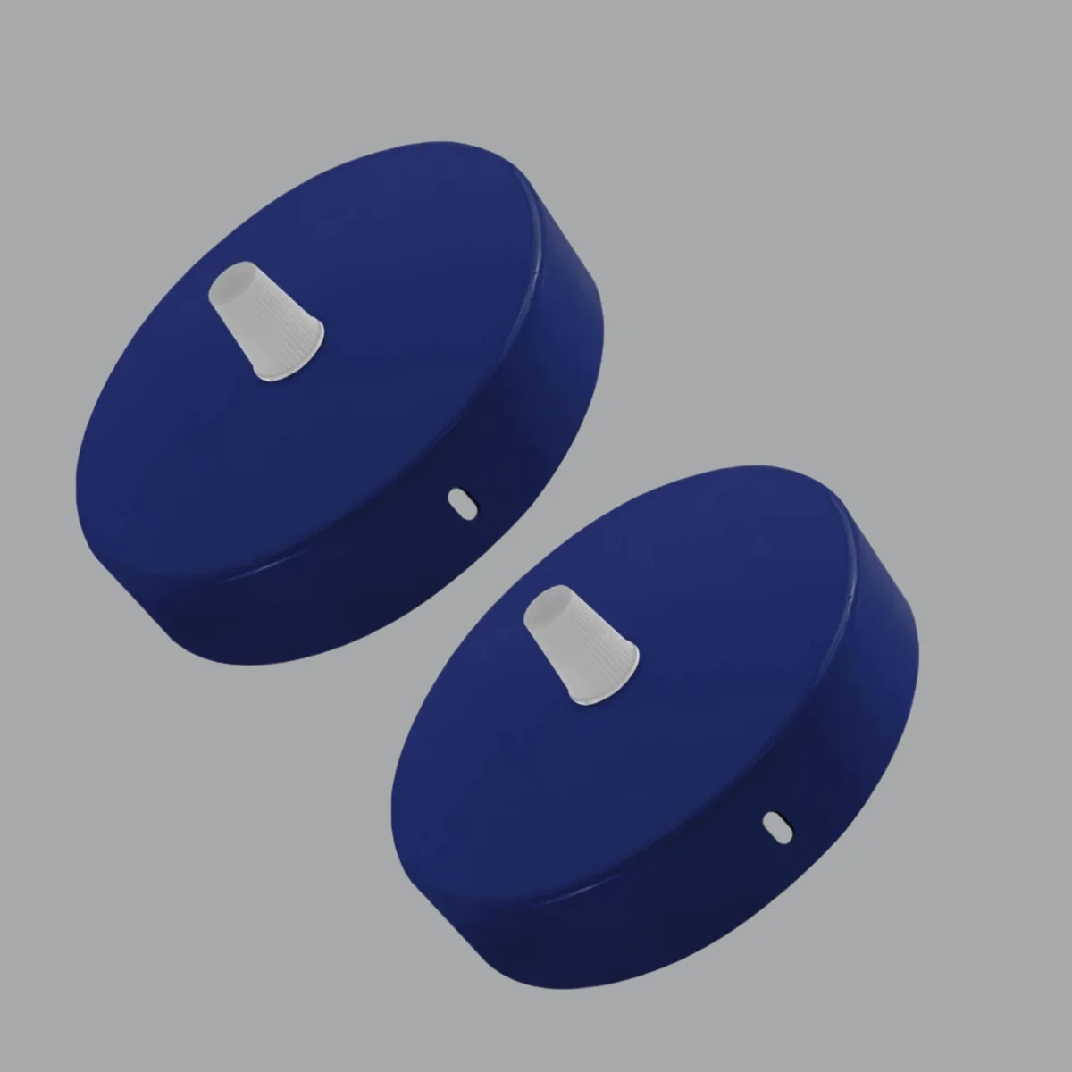 Two navy blue industrial metal ceiling roses with mounting hardware on a white background, 100mm diameter each