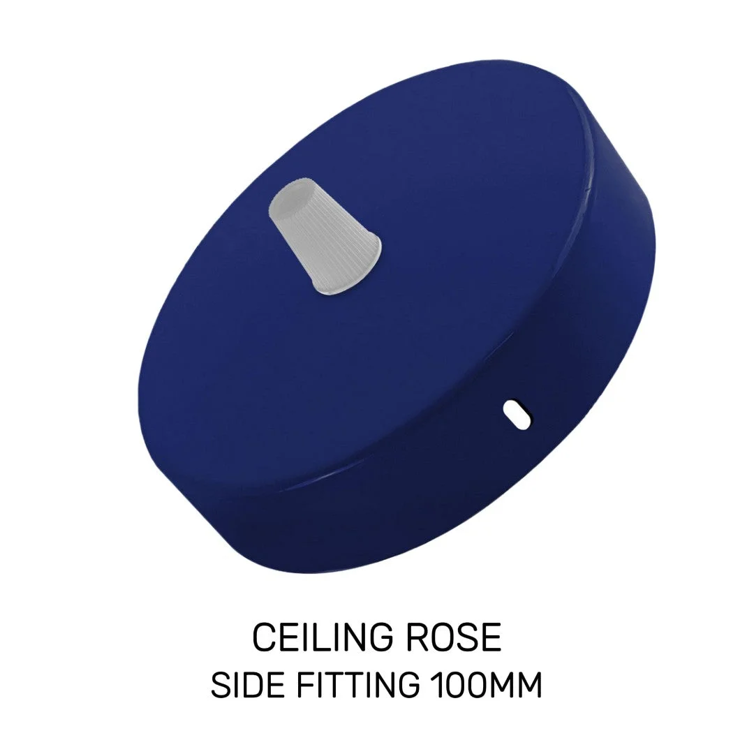 Two navy blue ceiling roses with metal construction and included installation hardware on a white background