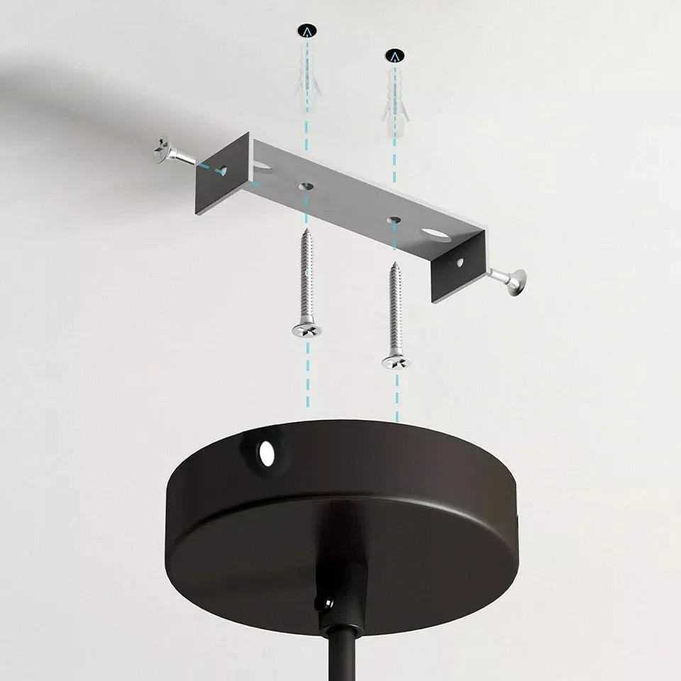Two navy blue industrial metal ceiling roses with mounting hardware and earth leads displayed on white background
