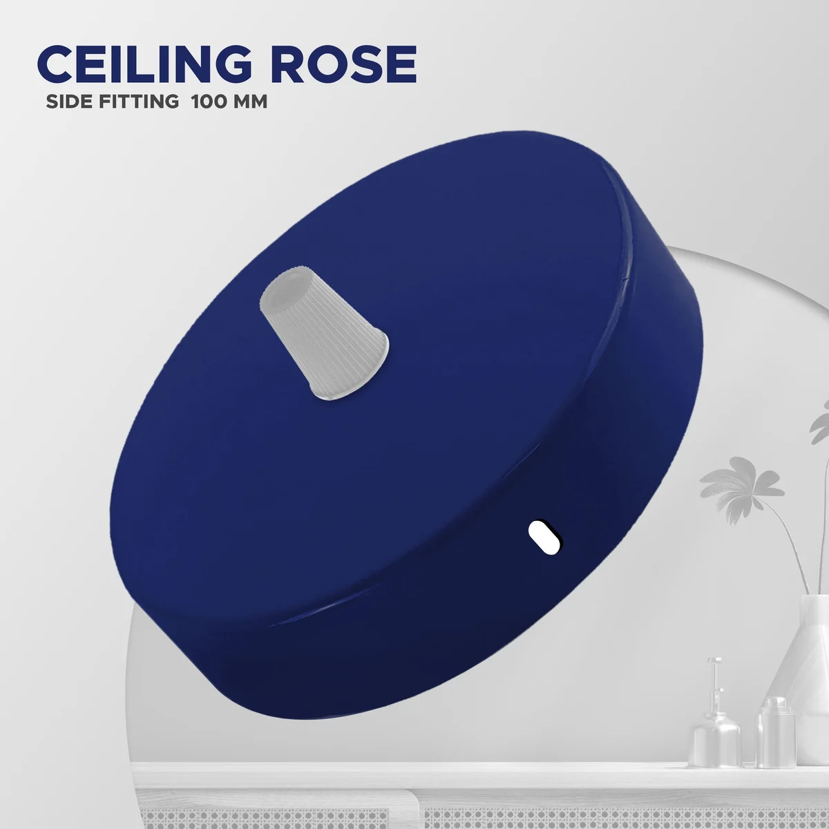Two navy blue industrial metal ceiling roses with hardware kit including brackets, screws, and earth leads on white background