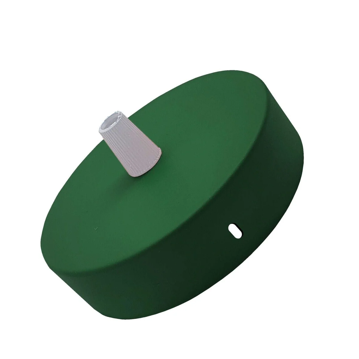 Green round industrial ceiling rose in green finish, 100mm diameter, with metal cord grip and ceiling bracket screws