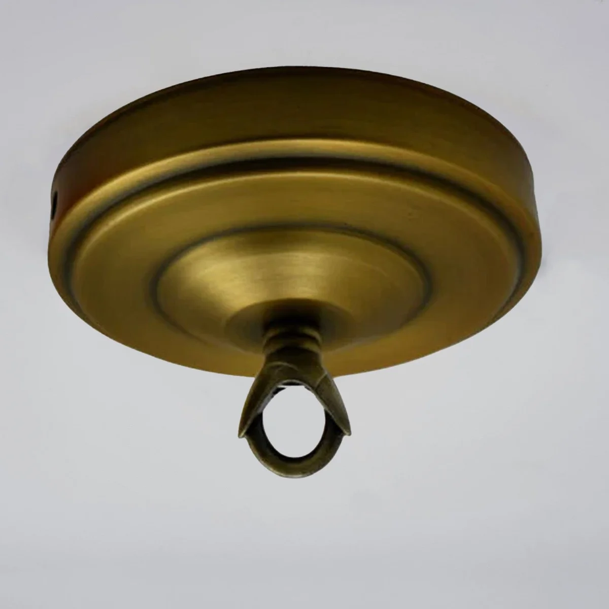 108mm diameter metal pendant light ceiling rose with hook plate and matching screws on white background